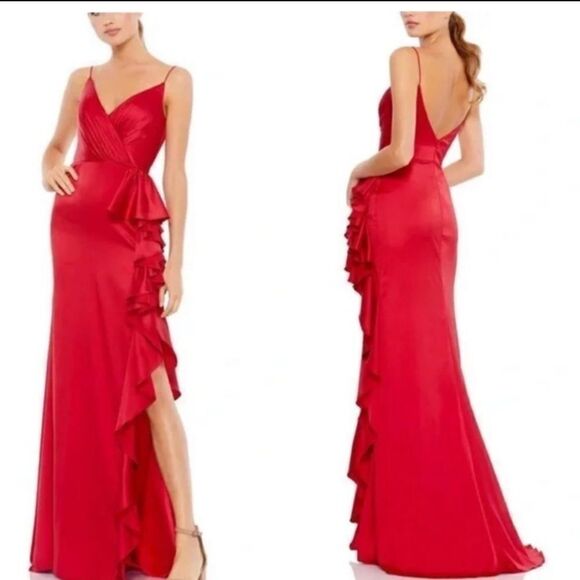 Mac Duggal 67815 Satin Ruffle Asymmetrical Gown Red | Size 8 - Picture 1 of 9